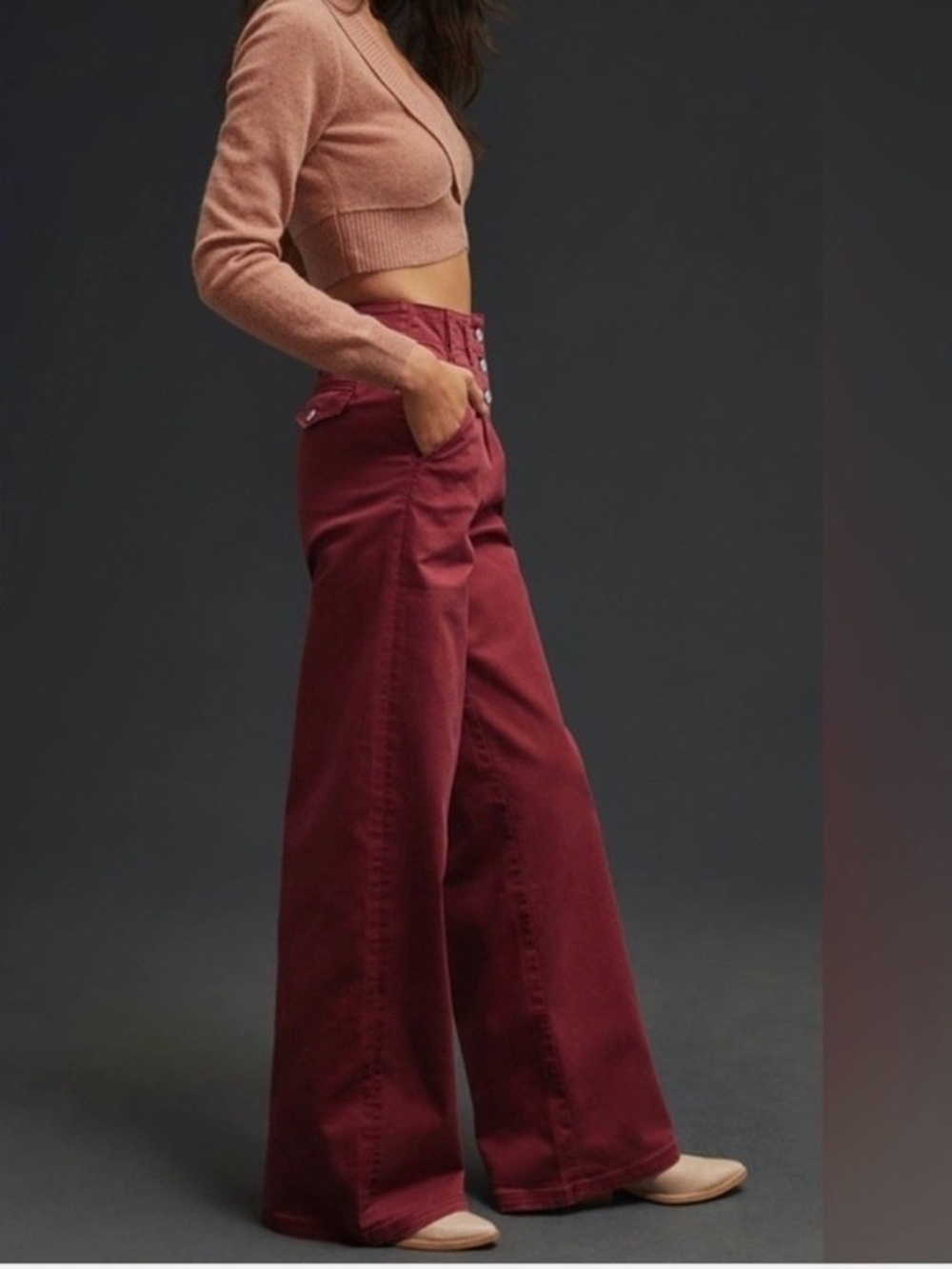 Anthropologie Maeve Wide Baggy High-Rise Button-Fly Pants in Burgundy Size 28 - Picture 2 of 11